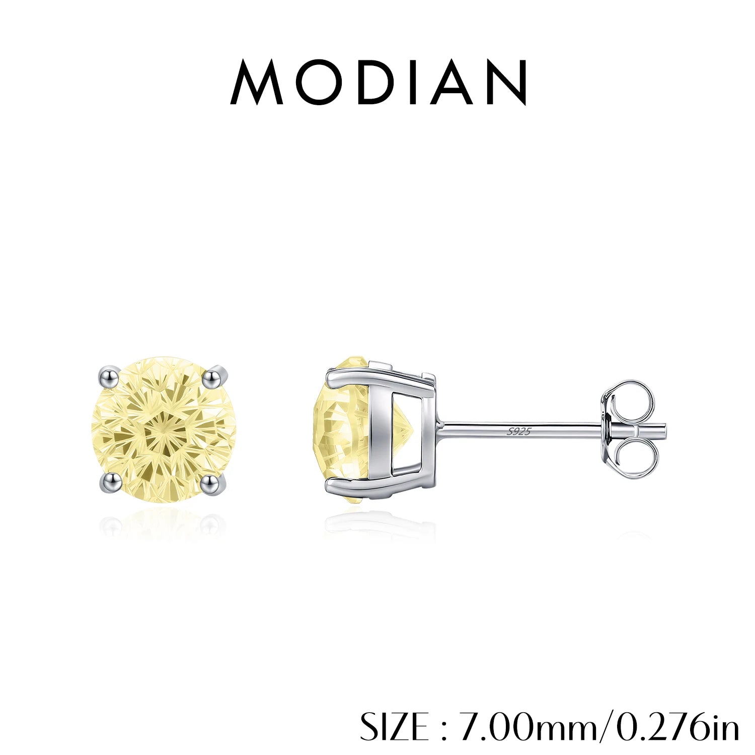MODIAN 925 Sterling Silver Fashion Light Yellow Firework Cut Zircon Round Studs Earrings For Women And Men Fine Jewelry