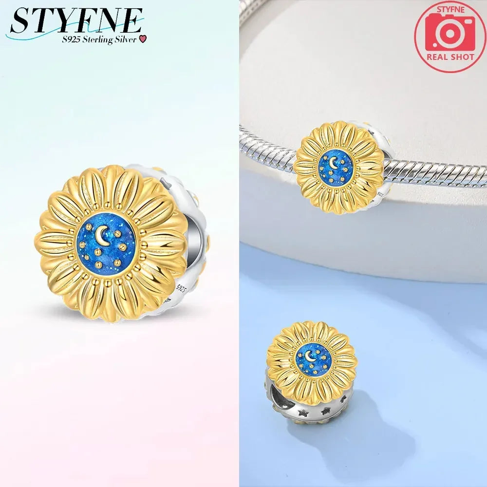S925 Sterling Silver Flower with Various Shapes Sparkling Zircon Sunflower Charms Beads Fit Original Bracelets DIY Jewelry