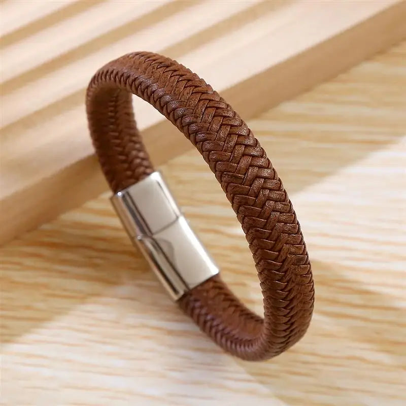 Classic Men Jewelry Braided Leather Bracelet Simple Design Magnetic Clasp Vintage Bangles Gift Dropshipping