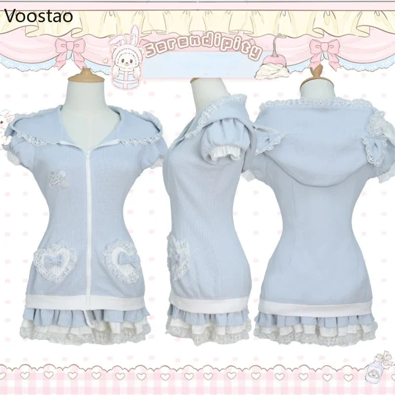 Japanese Sweet Lolita Style Skirt Set Women Kawaii Bear Ear Hooded Coat Top Cute Cake Skirt Suit Female Y2k Bowknot Lace Outfits
