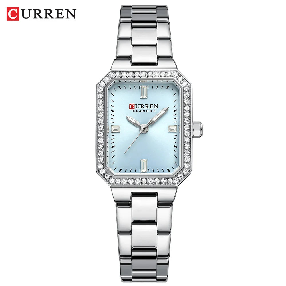 CURREN Luxurious Elegant Women's Watches Classic Rectangular Dial with Rhinestones Luminous Hands Waterproof