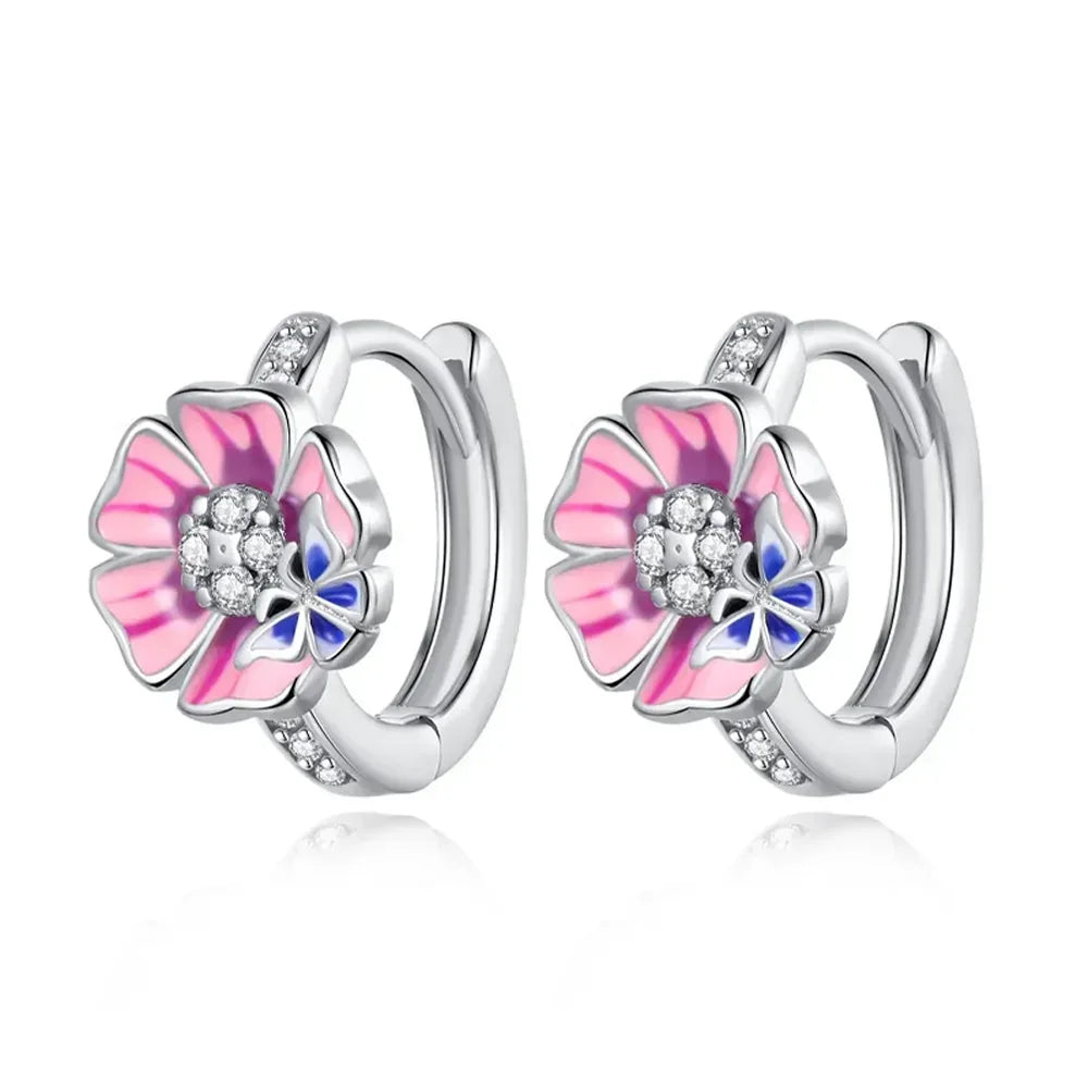 925 Sterling Silver Earrings Women Jewelry Butterfly Flower Pink Flowers Zircon Hoop Ear Studs Sparkling Earring Wedding Gift