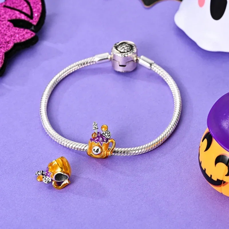Original 925 Sterling Silver Halloween Charms Pumpkin Skull Witch Ghost Bead Earrings Pendant Fit Bracelet Necklace Jewelry