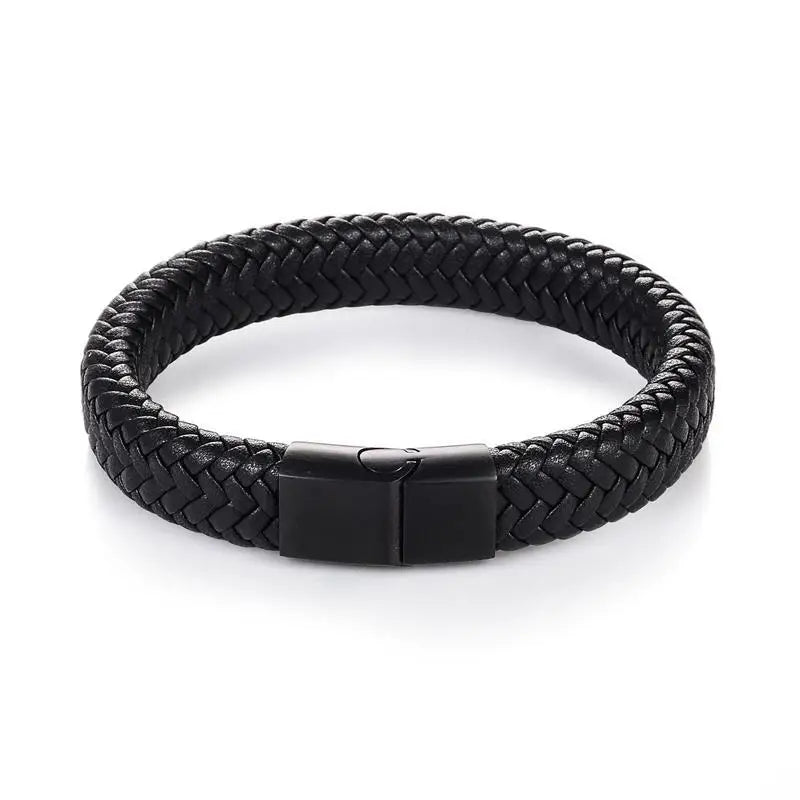 Jiayiqi Punk Men Jewelry Black Braided Leather Bracelet Stainless Steel Magnetic Clasp Fashion Bangles Wholesale Customize