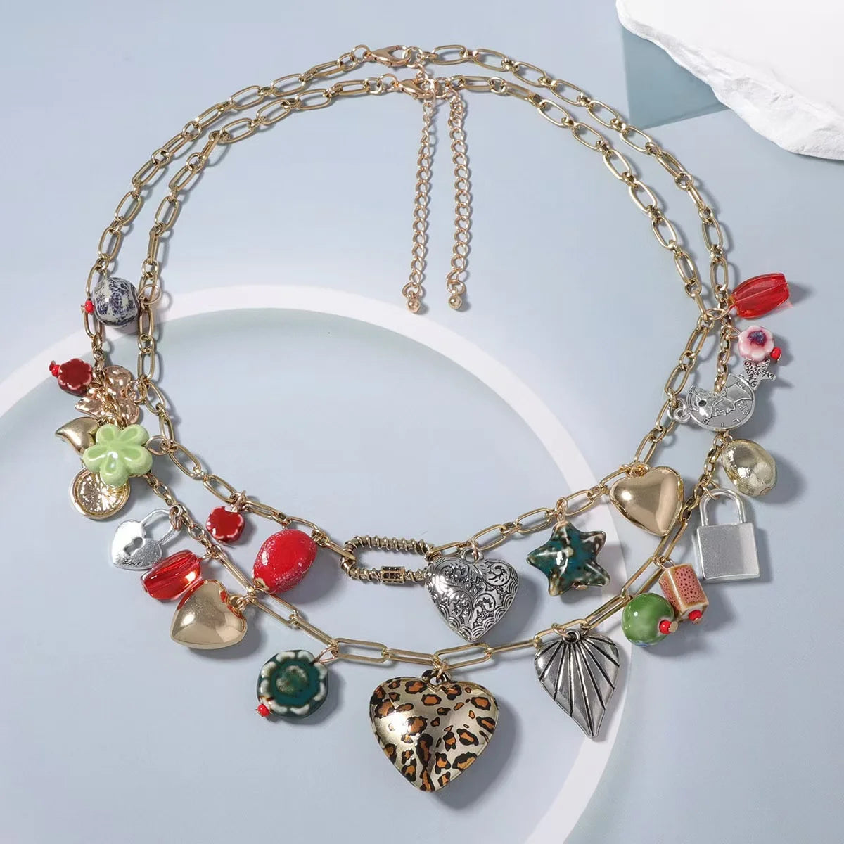 ZAA Vintage Double-layer Heart-shaped Lock Tassel Pendant Necklace Jewelry