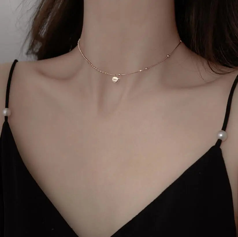 Real 925 Sterling Silver Disc Round Letter LUCKY Pendant Choker Necklace For Women Fine Jewelry Geometric Accessories