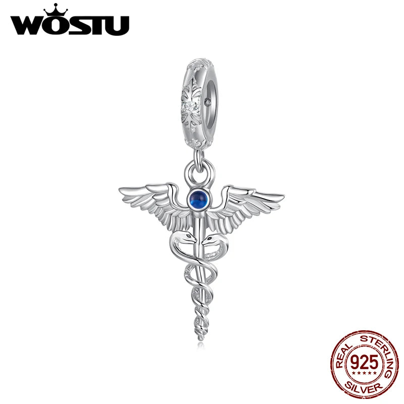 WOSTU Real 925 Sterling Silver Double Snake Caduceus Charm Pendant Fit Bracelet Necklace DIY Jewelry Make Gift for Doctors Nurse