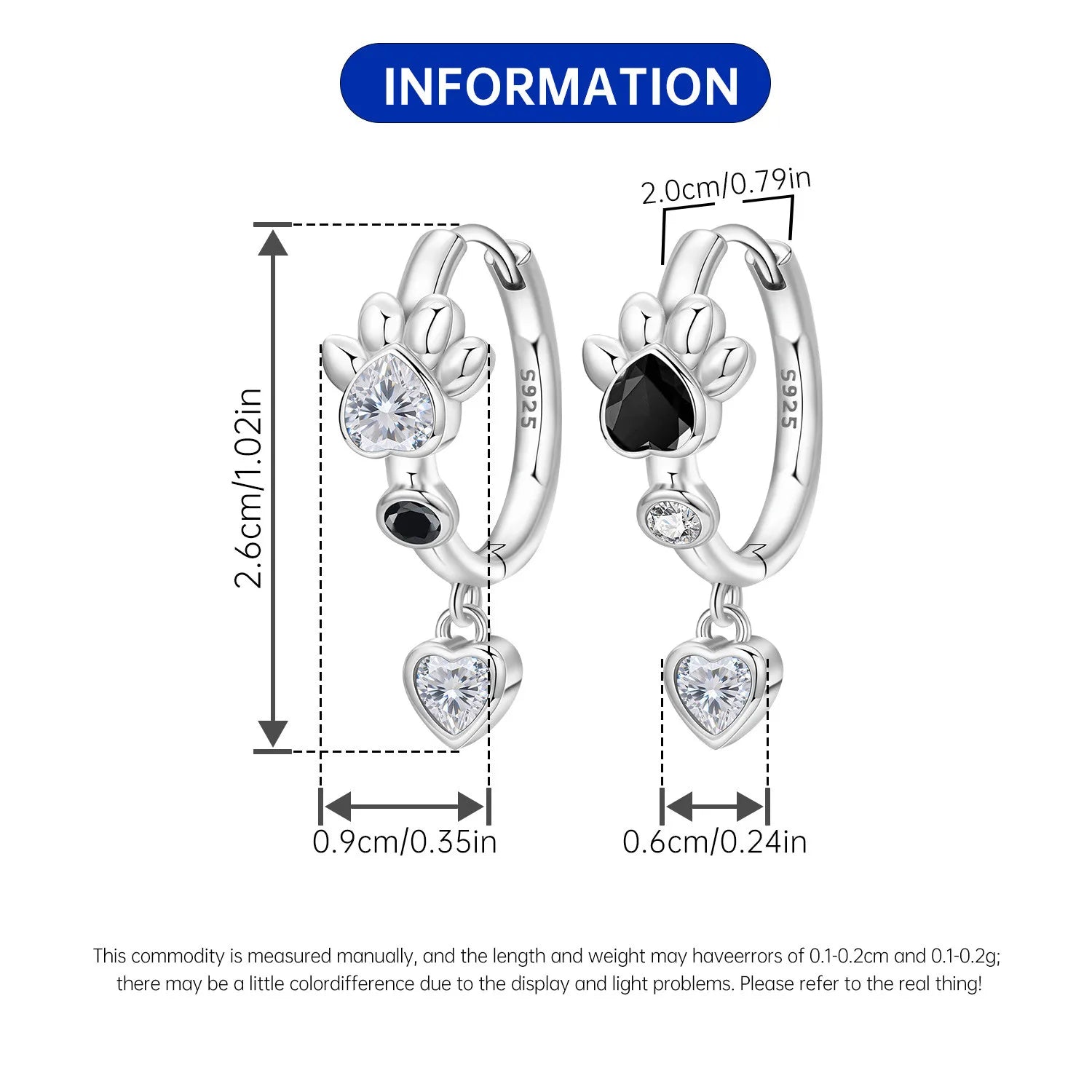 PANPOKI 925 Sterling Silver Black White Paw Print Love Heart Drop Earrings Women Earrings Charm Versatile Party Jewelry Gifts