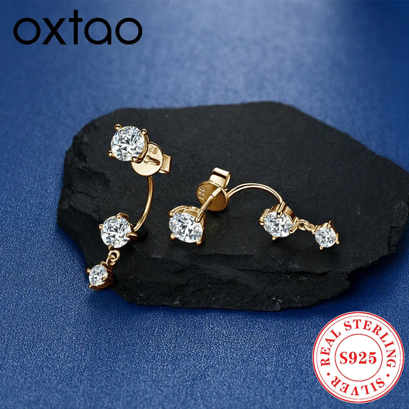 OXTAO Real 925 Silver Round Cut Moissanite Stud Earring Pendant for Women Ear Jacket Earrings D Color Lab Diamond Jewelry Gift