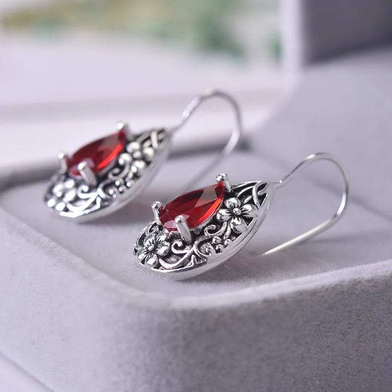 Natural Ruby Earrings for Women 925 Silver Water Drop Pear Earrings Carved Red Topaz Gemstone Garnet Earrings Luxury Jewelry