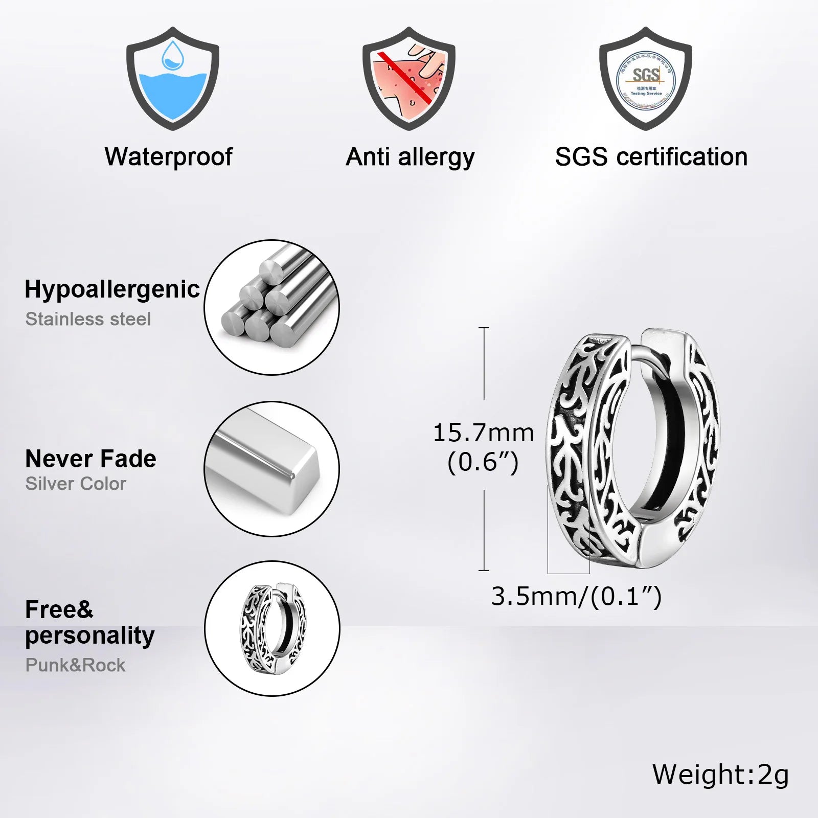 Vnox Thick Small Hoop Earrings for Men Teens, Anit Allergy Stainless Steel Huggies Earrings, Unisex Punk Rock Ear Jewelry