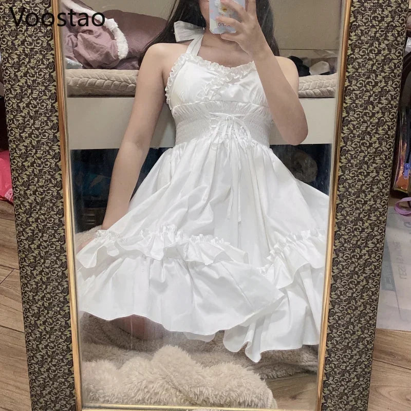 Vintage Elegant Lolita Jsk Dress Women Sweet Princess Dancing Party Slim Dresses Girly Cute Ruffles Halter Collar Wedding Dress
