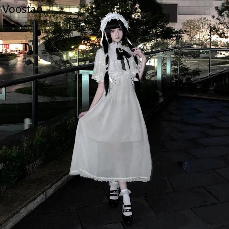 Japanese Style Gothic Y2k Lolita Rhinestone Bow Dress Sweet Women Lace Cape Short Sleeve Slim Party Dresses Elegant Fairy Dress Beige / S Japanese Style Gothic Y2k Lolita Rhinestone Bow Dress Sweet Women Lace Cape Short Sleeve Slim Party Dresses Elegant Fairy Dress Beige / S