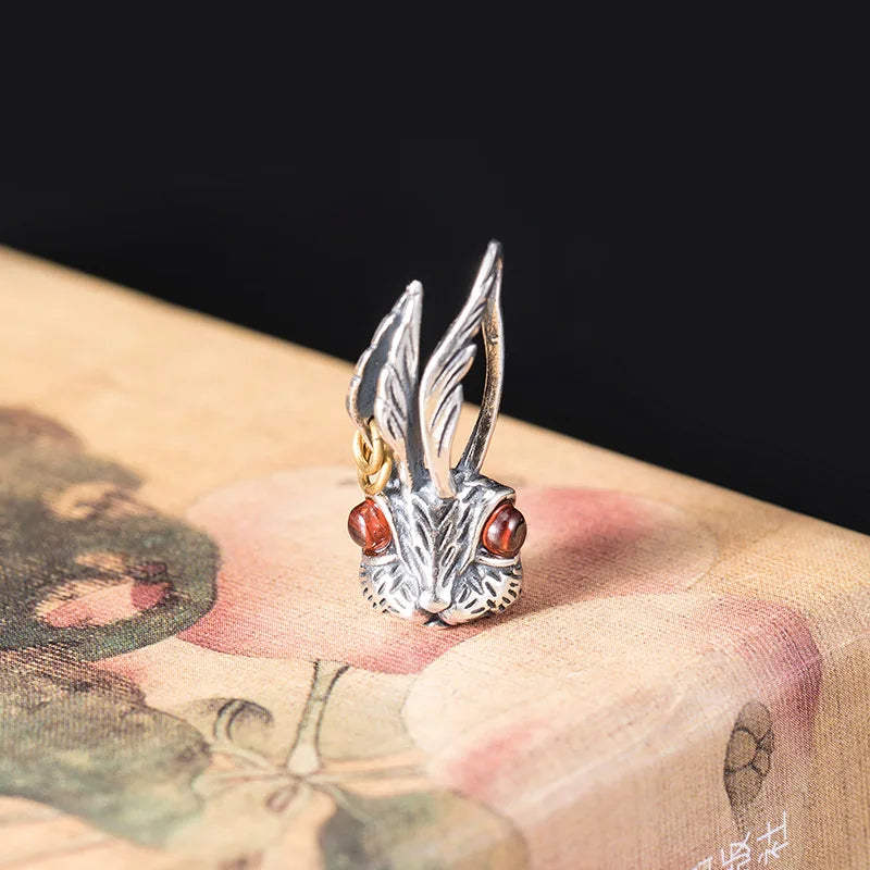 MKENDN 100% 925 Sterling Silver Punk Rock Long Ears Red Eyes Rabbit Pendant For Necklace Men Women Fashion Accessories Jewelry