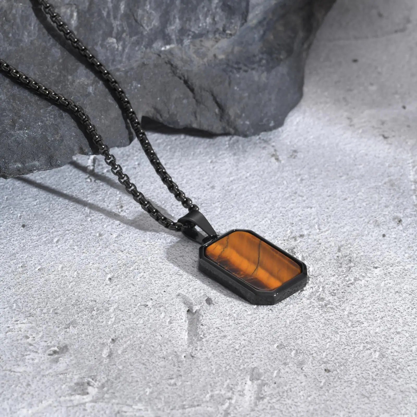 Vnox Mens Geometric Pendant with Natural Stone Necklaces, Vintage Square Tiger Eye Collar, Casual Simple Fashion Male Accessory