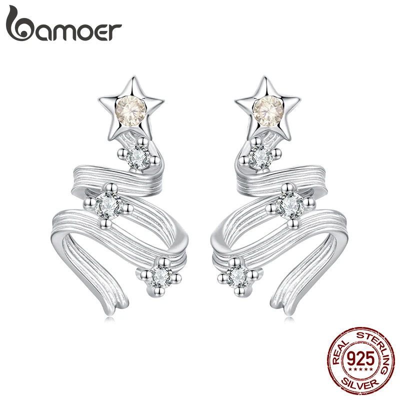 BAMOER 925 Sterling Silver Christmas Tree Stud Earrings, Curved Texture CZ Star Earrings for Women Teens Lovely Xmas Gift