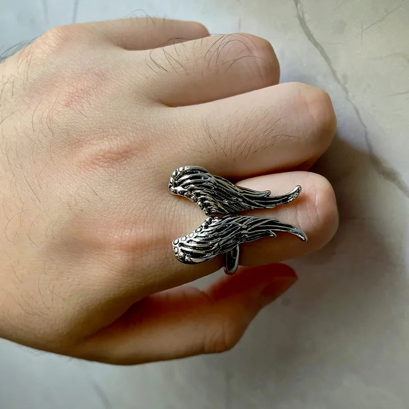 Retro Big Angel Wings Ring For Men Women Silver Color Punk Gothic Open Ring Handmade Designer Jewelry Unisex Accessories Gift