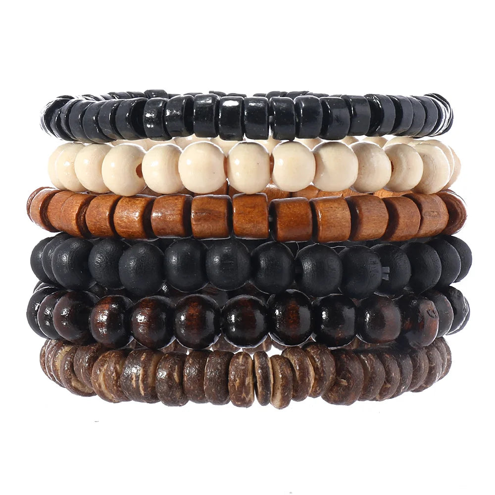 4Pcs/ Set Braided Wrap Leather Bracelets for Men Vintage Life Tree Rudder Charm Wood Beads Ethnic Tribal Wristband Rope Bracelet