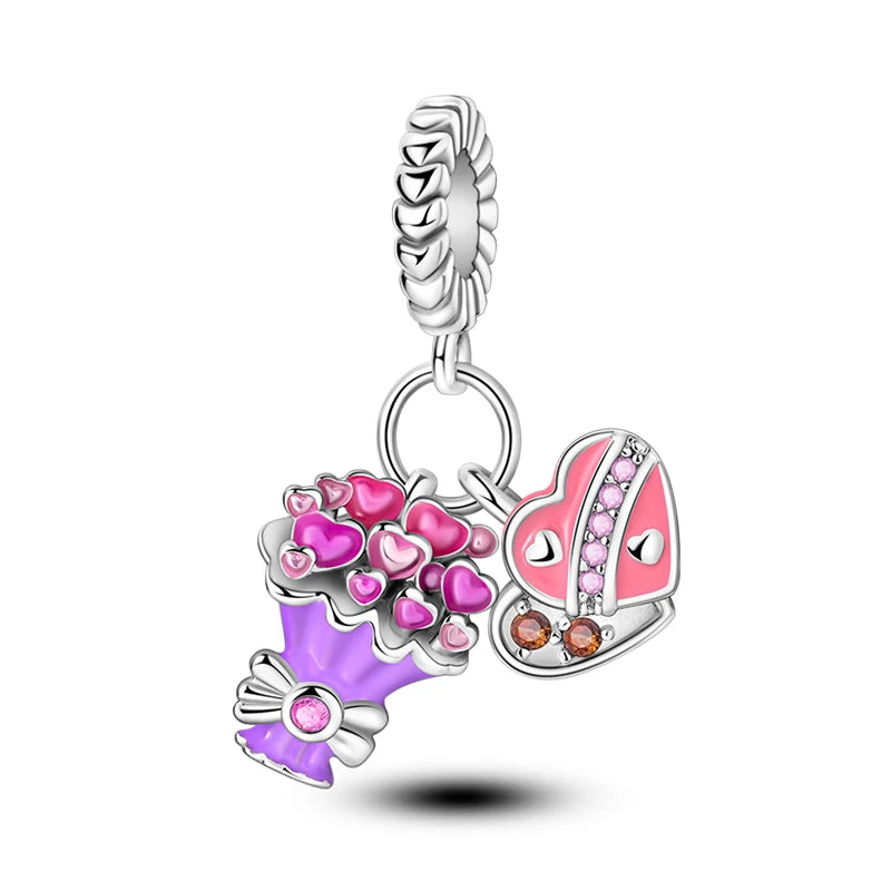 925 Silver Charms Beads Fit 3mm Original Bracelet Game Machine Box Afternoon Tea Dessert Romantic Pink Pendant DIY Jewelry