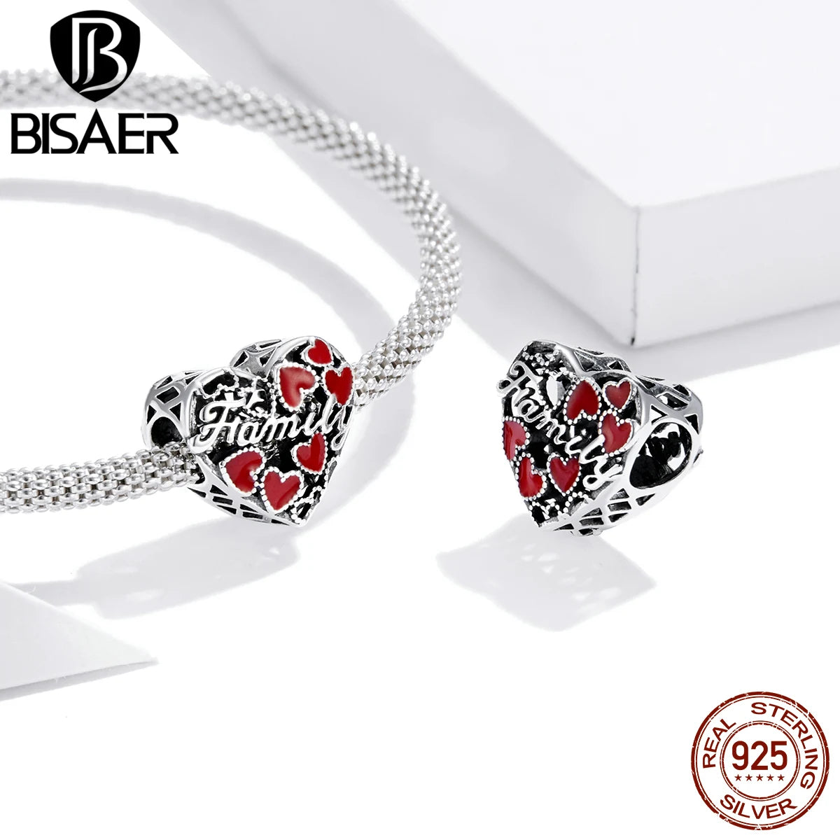 BISAER 925 Sterling Silver Red Love Charm Bead Koi Apple Cherry Mushroom Chili Ace Heart Pendant For Women DIY Bracelet Jewelry