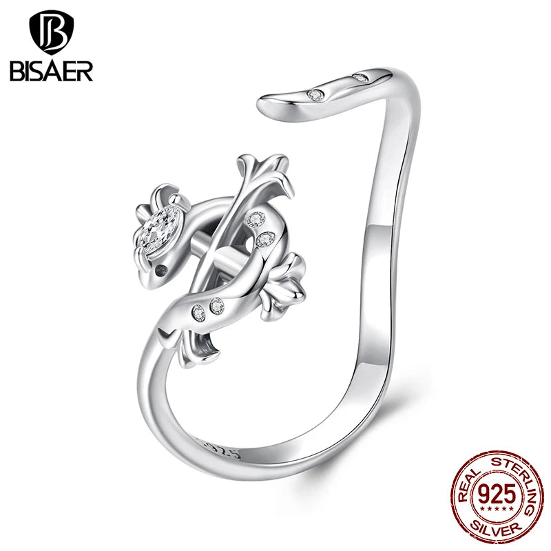 BISAER Real 925 Sterling Silver Iris Snake Open Ring Retro Flowers Band Adjustable Size 5-9 for Women Party Fine Jewelry ECR1136