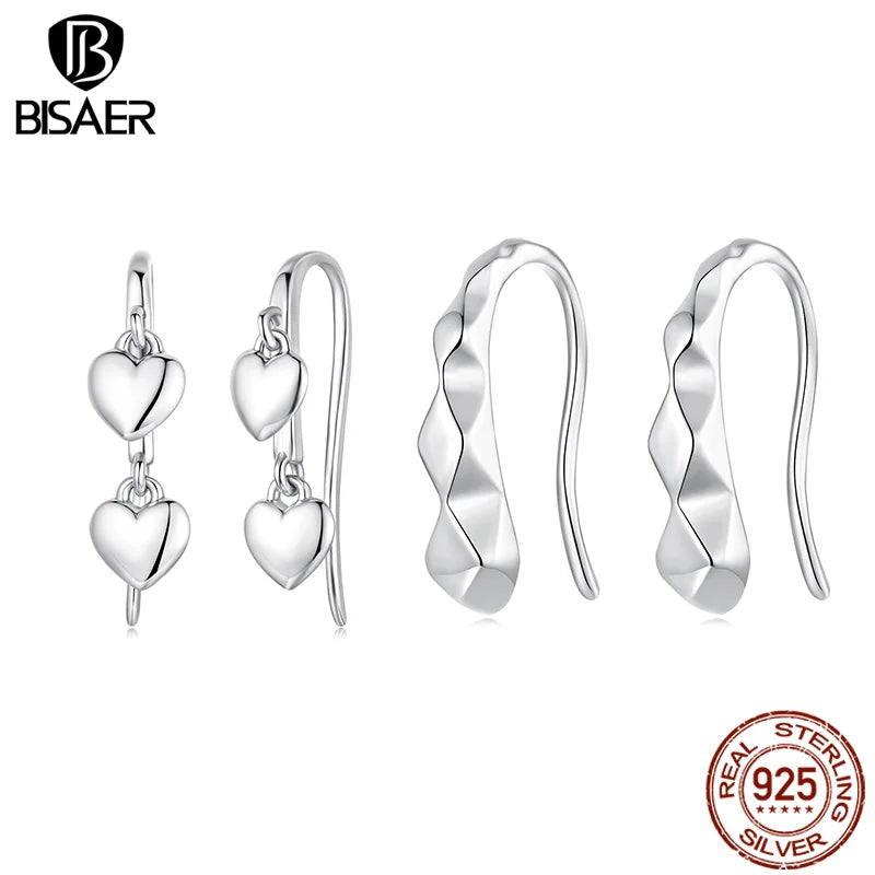BISAER 925 Sterling Silver Heart Tassel Hook Earrings Metal Texture Earrings Hypoallergenic for Women Party Fine Jewelry Gift