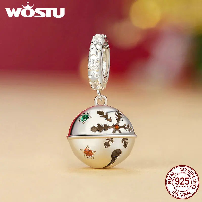 WOSTU 925 Silver Christmas House reindeer Beads Xmas bell Safty Chain Charms, Crystal Ball snowflake Pendant DIy Jewelry Gift
