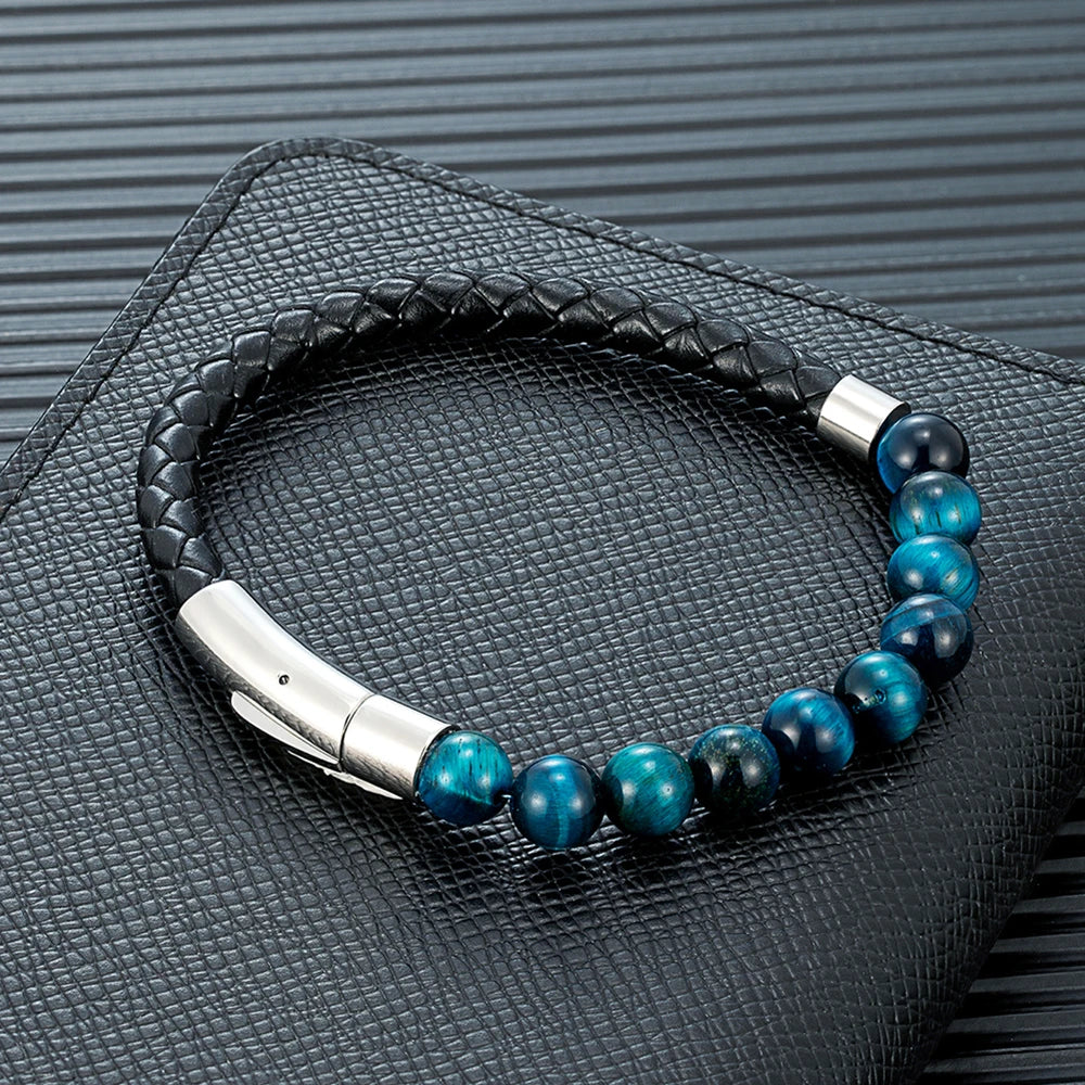 MKENDN Reiki Blue Apatite Bead Bracelet Men Women Braided Leather Natural Stone Blood Circulation Stimulate Enthusiasm Jewelry