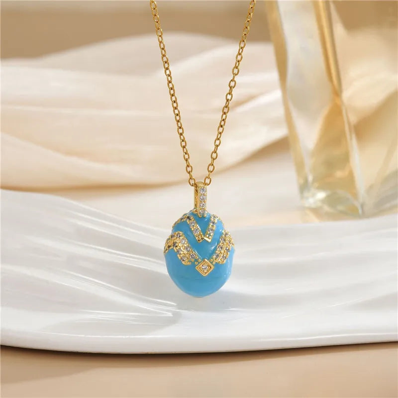Fashion Easter Egg Enamel Zircon Pendant Necklace Stainless Steel Chains Geometric Choker Jewelry Gifts For Women Girls