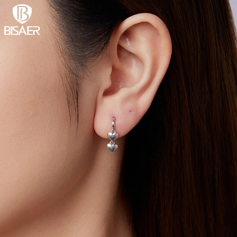 BISAER 925 Sterling Silver Heart Tassel Hook Earrings Metal Texture Earrings Hypoallergenic for Women Party Fine Jewelry Gift