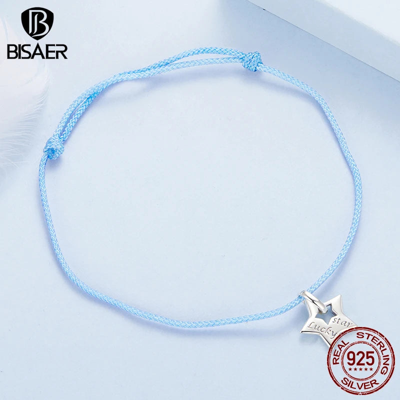 BISAER 925 Sterling Silver Bule Lucky Star Bracelet Simple Adjustable Bracelets for Women Charm DIY Fine Jewelry Holiday Gift