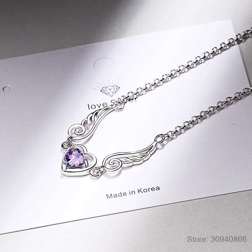 Real 925 Sterling Silver Pretty Bracelet For Women Birthday Valentine's Day Gift Angel Wing Heart Purple CZ Fine Jewelry DA2976