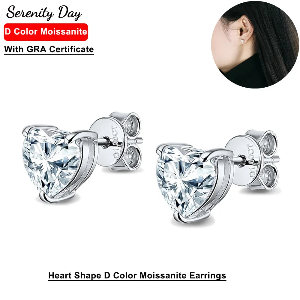 Serenity 1ct 2ct 4ct Heart Shape D Moissanite Earrings For Women S925 Silver Sparkling Stud Ear Wedding Bridal Anniversary Gift