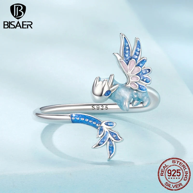 BISAER 925 Sterling Silver Flying Dragon Open Ring Blue Enamel Band Plated White Gold for Women Party Original Fine Jewelry