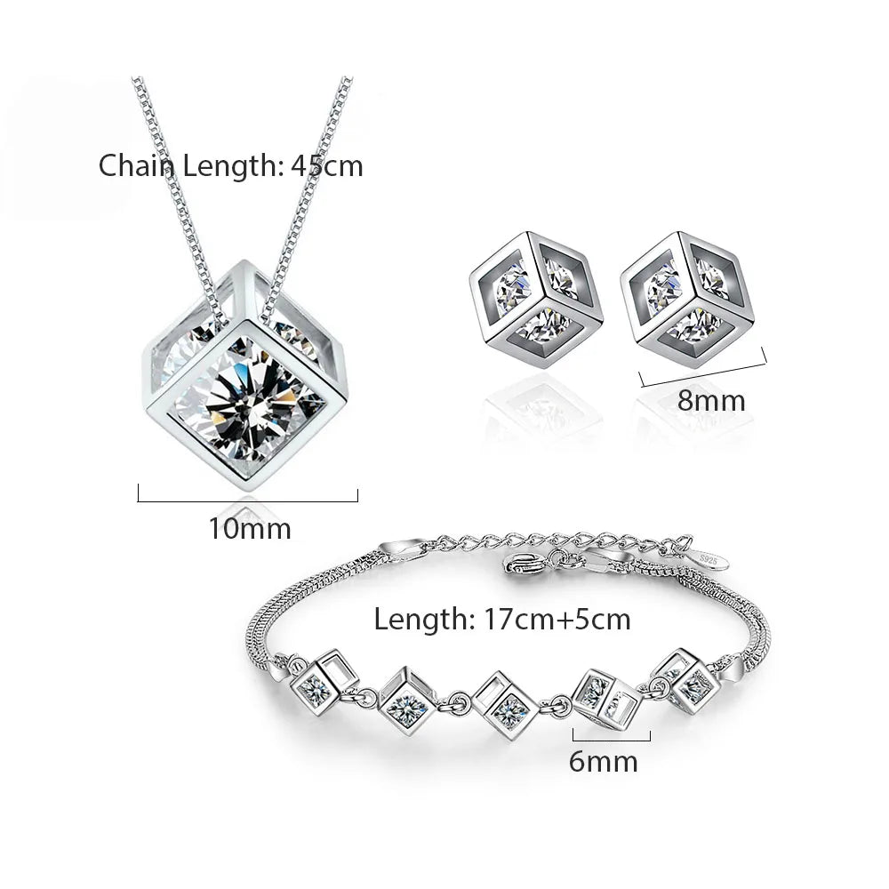 MEEKCAT 5 Style 925 Sterling Silver Jewelry Sets Zircon Square Cube Necklace+Earrings+Bracelet For Women Gift
