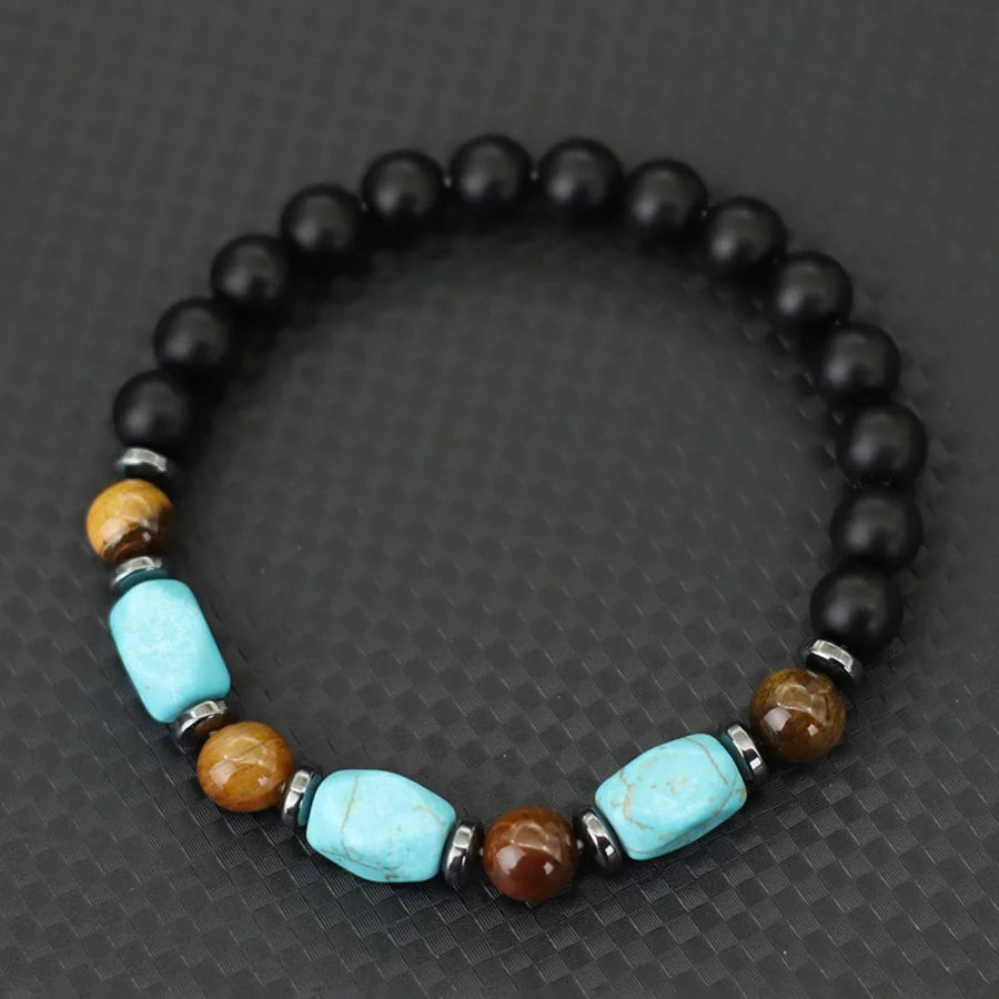 Stylish Turquoises Stone Strand Bracelet Men Women Handmade Tiger Eyes Hematite Healing Braslet Volcanic Rock Beaded Braclet