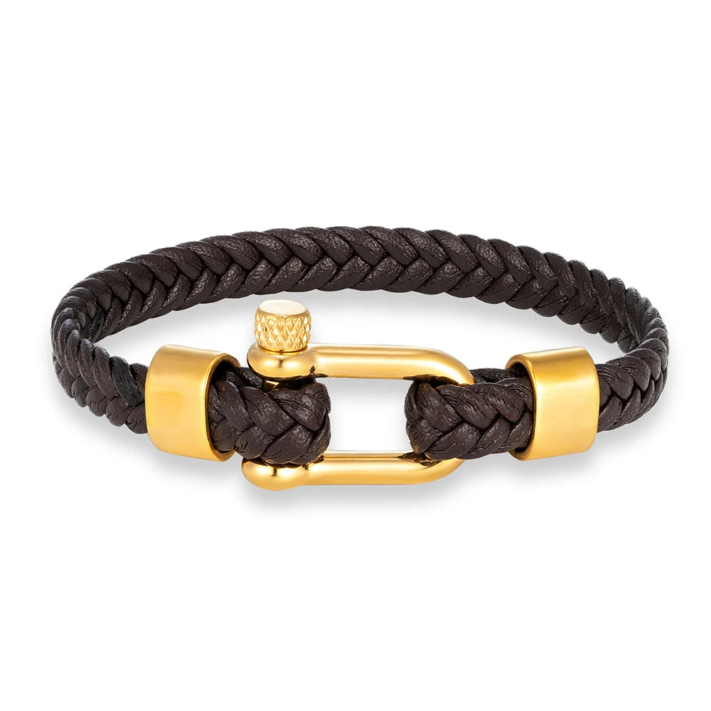 MKENDN Punk Gold Plated Stainless Steel U-shape Shackle Bucklae Bracelets Black Blue Braided Leather Bracelet Homme Pulseras