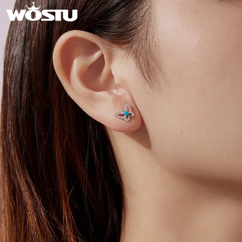 WOSTU 925 Sterling Silver Turquoise and CZ Butterfly Stud Earrings For Women, Nature Theme Insects Dangle Earrings for Women