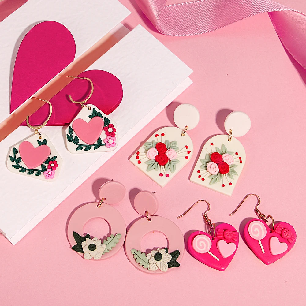 AENSOA Hollow Round Flower Earring For Women Polymer Clay Valentine's Day Girls Gift Heart Pattern Ear Accessories Jewelry INS