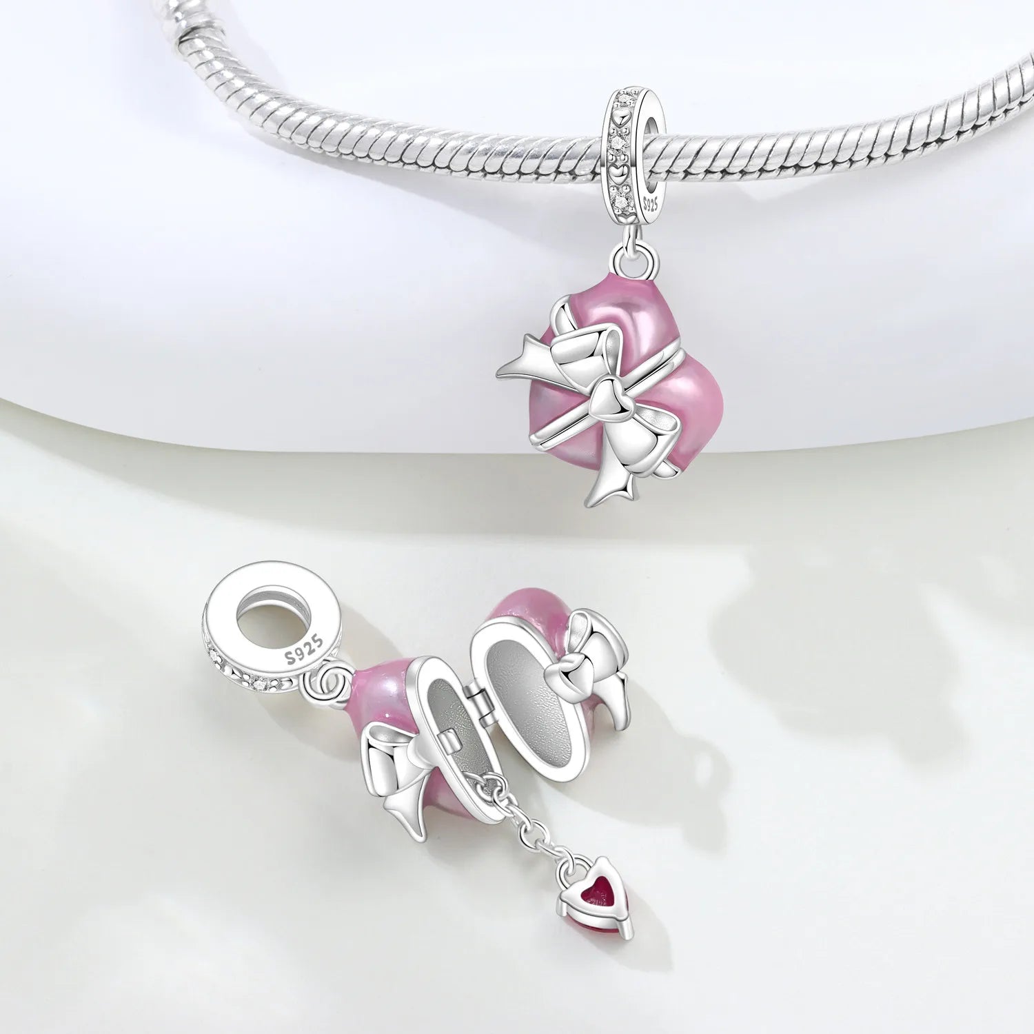 PANPOKI 925 Sterling Silver Pink Heart-shaped Gift Beads Original Pendant Bracelet Charm Jewelry Party DIY Trendy Gifts