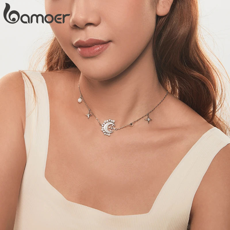 BAMOER White Gold Plated Crescent Moon Necklace with Pearl, High Quality Statement necklace for Women Unique Design Jewelry