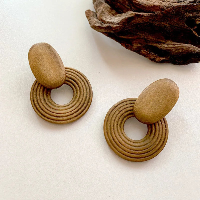 AENSOA Handmade Hollow Round Wooden Drop Earrings for Women Ethnic Brown Color Geometric Pendientes Earrings Unique Jewelry 2022