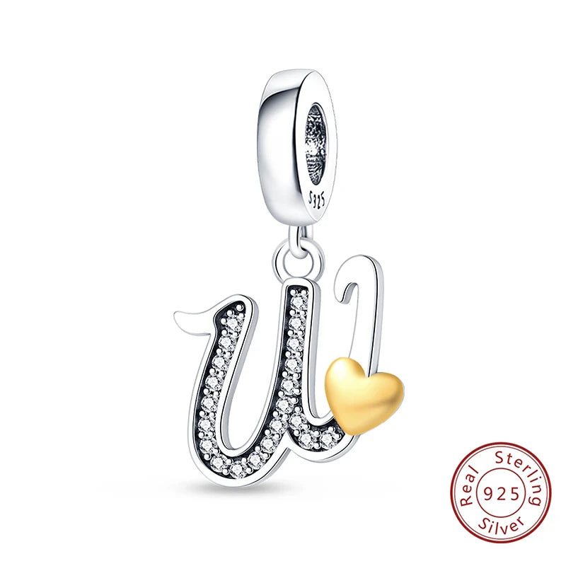 Classic 925 Sterling Silver 26 Gold Color Heart Zircon Letter A-Z Charms Beads Fit Original Bracelets DIY Birthday Jewelry Gift