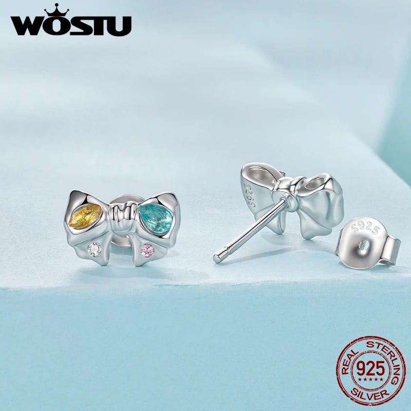 WOSTU Real 925 Sterling Silver Candy Colorful CZ Bow Stud Earrings For Women Sweet Ear Studs Birthday Gift For Girl