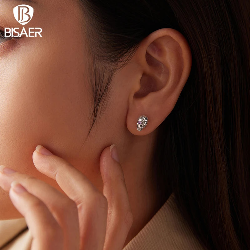 BISAER 925 Sterling Silver Skull Stud Earrings, Purple Zircon Earring Hypoallergenic for Women Party Fine Jewelry Halloween Gift