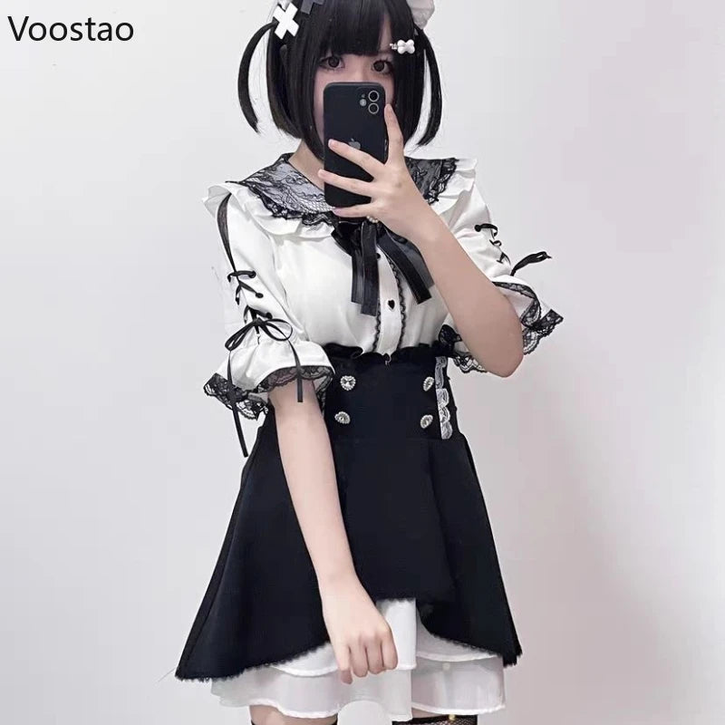 Victorian Gothic Lolita Bow Blouses Japanese Style Sweet Bandage Short Sleeve Lace Peter Pan Collar JK Shirt Women Punk Y2k Tops