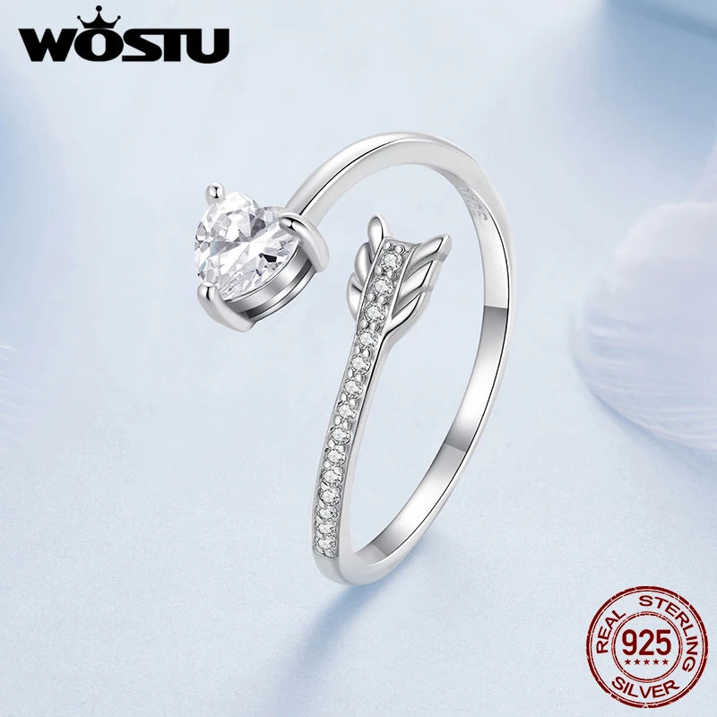 WOSTU Real 925 Sterling Silver Arrow Heart Open Ring Wedding Party Gift AAA Zircon Adjustable Rings Girl Lolvey Jewelry CTR666-E