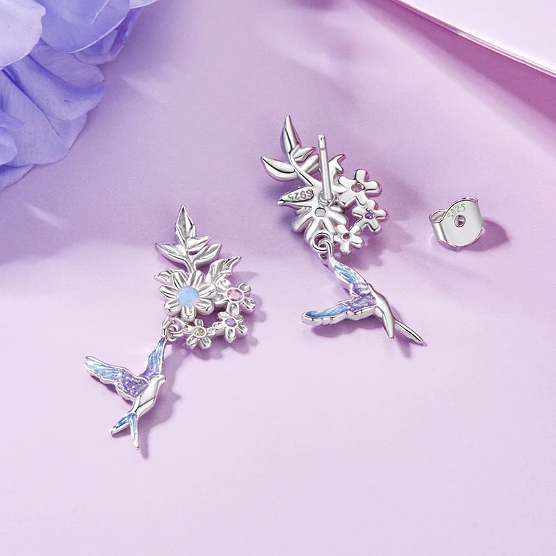 WOSTU 925 Sterling Silver Purple Flower & bird Stud Earrings For Women Spring Jewelry Gift For Family Daughter Girl Mom CQE1863
