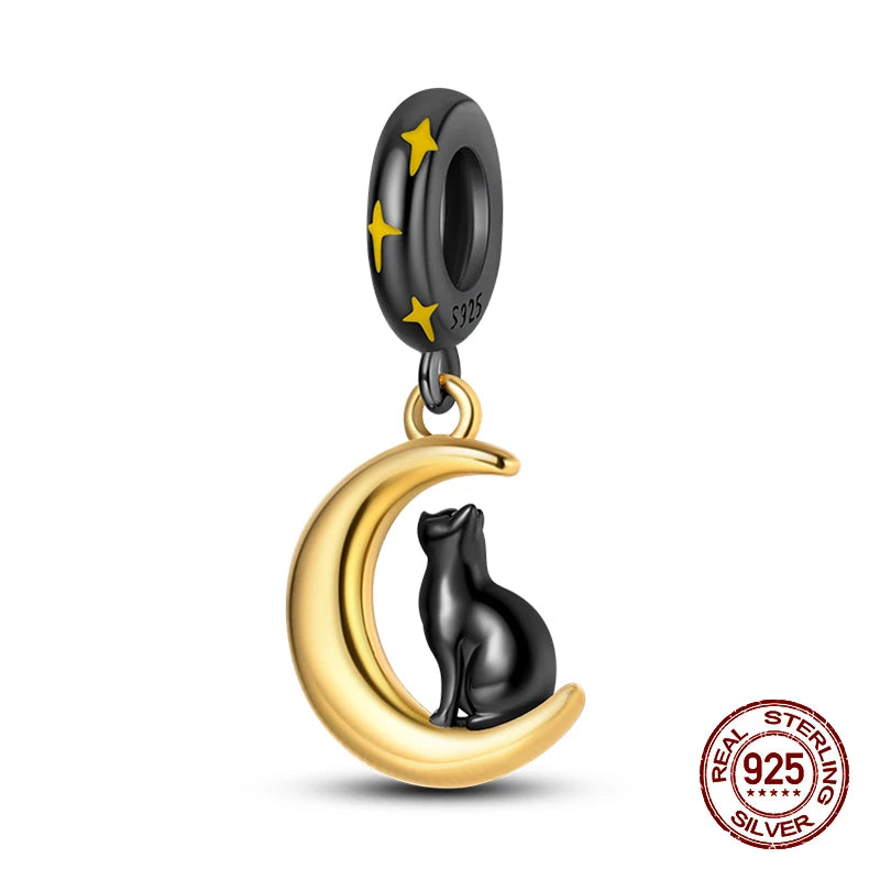 100% 925 Sterling Silver Sparkling Cat Moon Sun and Stars Charms Pendants Fit 3mm 925 Original Bracelets DIY Fine Jewelry