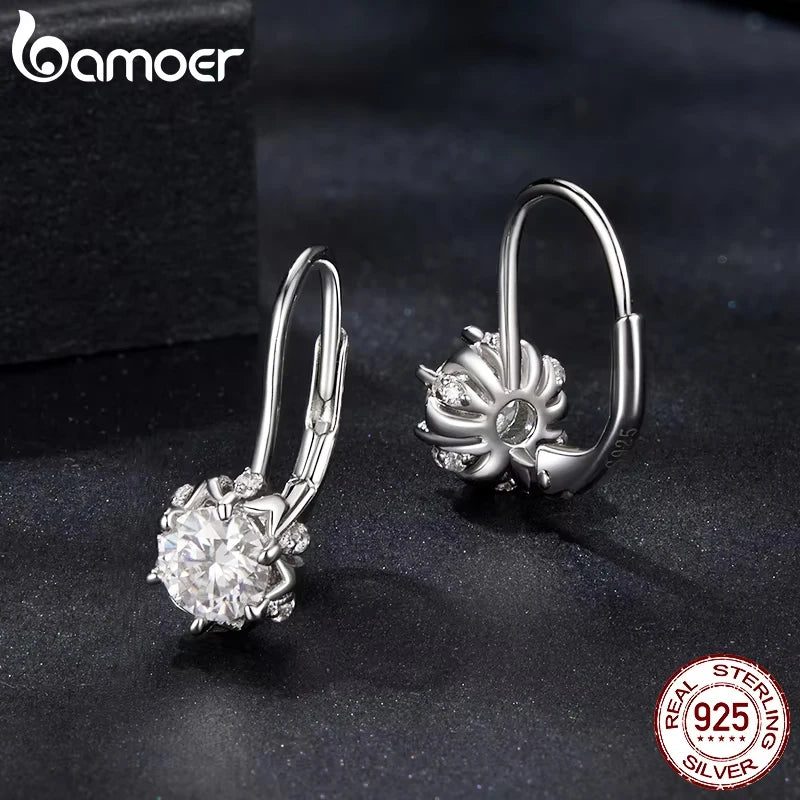 BAMOER Platinum Plated Moissanite Flower Earrings for Women, Round Cut Lab Diamond 925 Sterling Silver Hypoallergenic Earrings